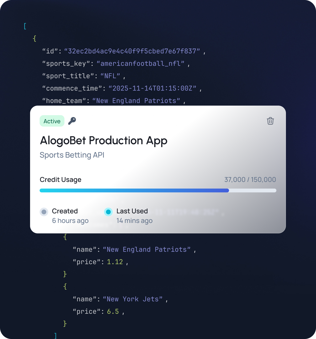 AlogoBet Production App API key card over JSON response